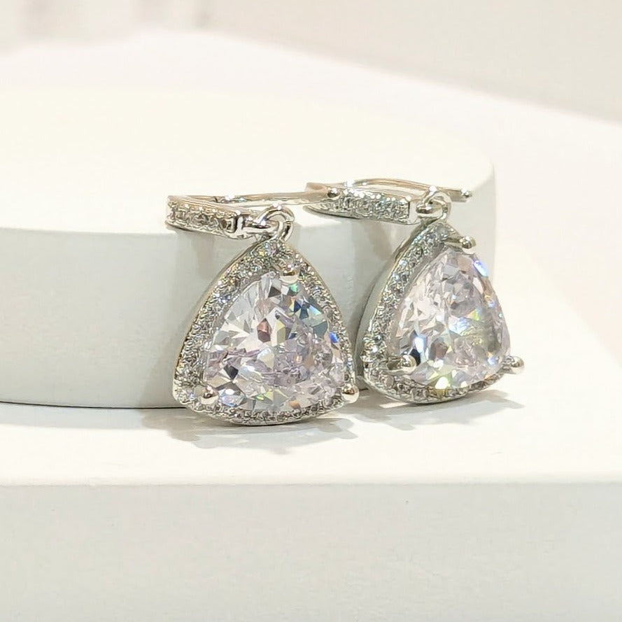 DIVA SERIES - Rhodium Plated Zirconia 5A Silver Triangular Drops Earring