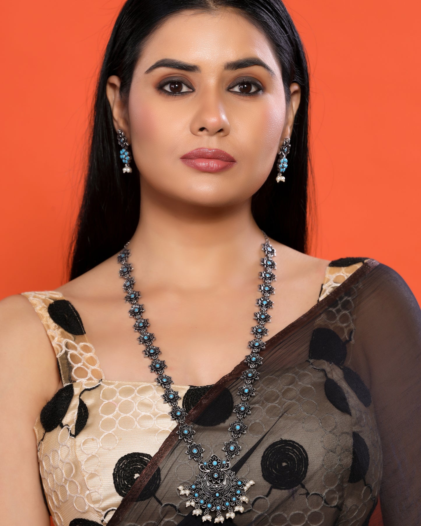 Sky Blue Moissanite Oxidized Floral Necklace Set with Earrings