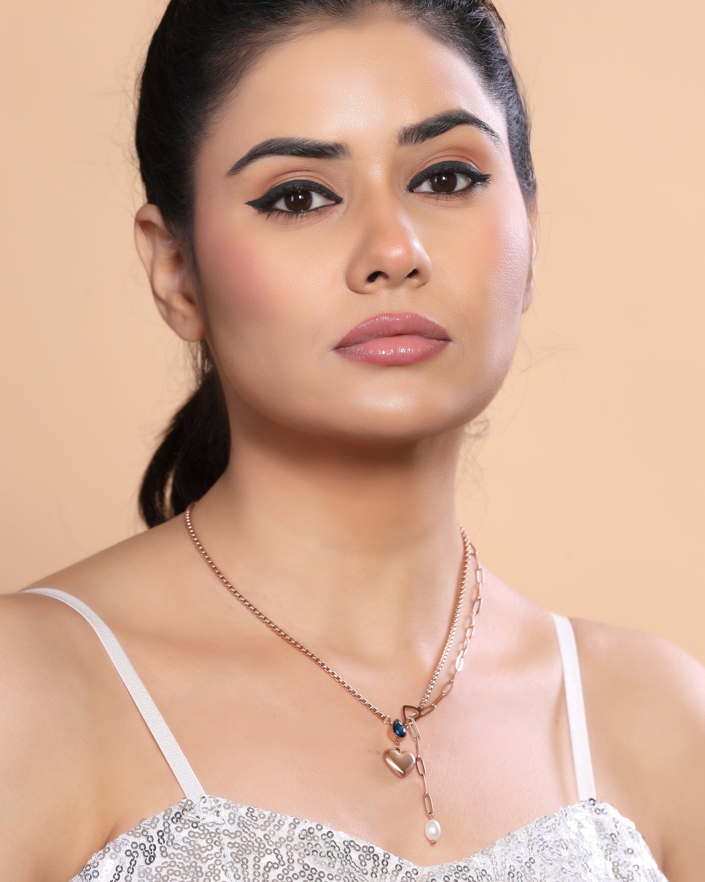 Rose Gold Plated Multilayer Western Necklace with Heart Drop, Pearl & Blue Crystals
