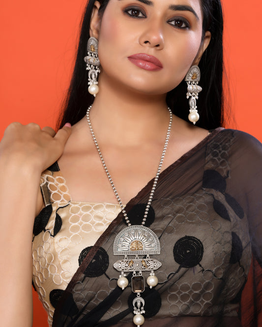 Ash Grey Pearl Drop German Silver Dual-Tone Necklace with Dangler Earrings