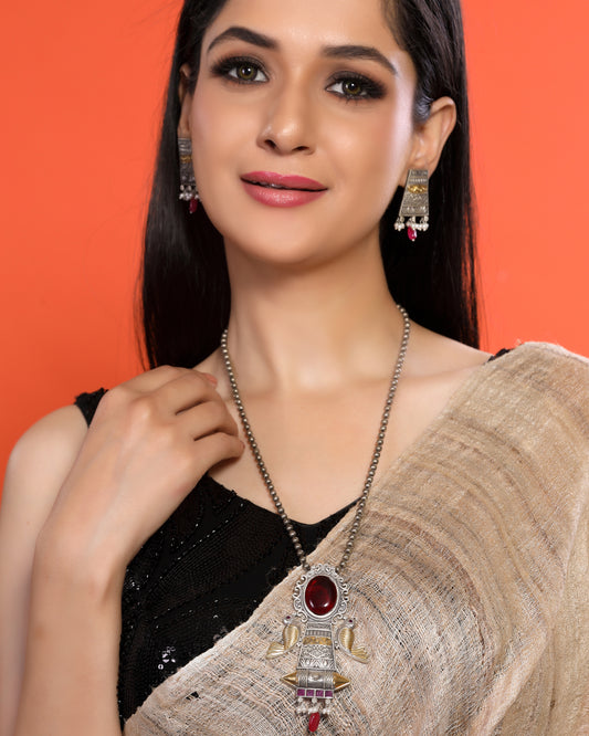 Bold Red Moissanite Bird Pendant Dual-Tone German Silver Necklace Set