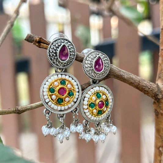 Dual-Tone Oxidized Earrings with Jaipuri Stones & Pearls