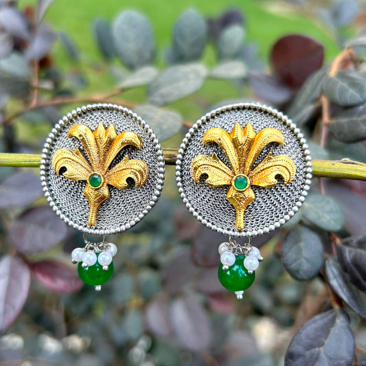 Dual-Tone Floral Studs with Green Pearl Oxidized Drops