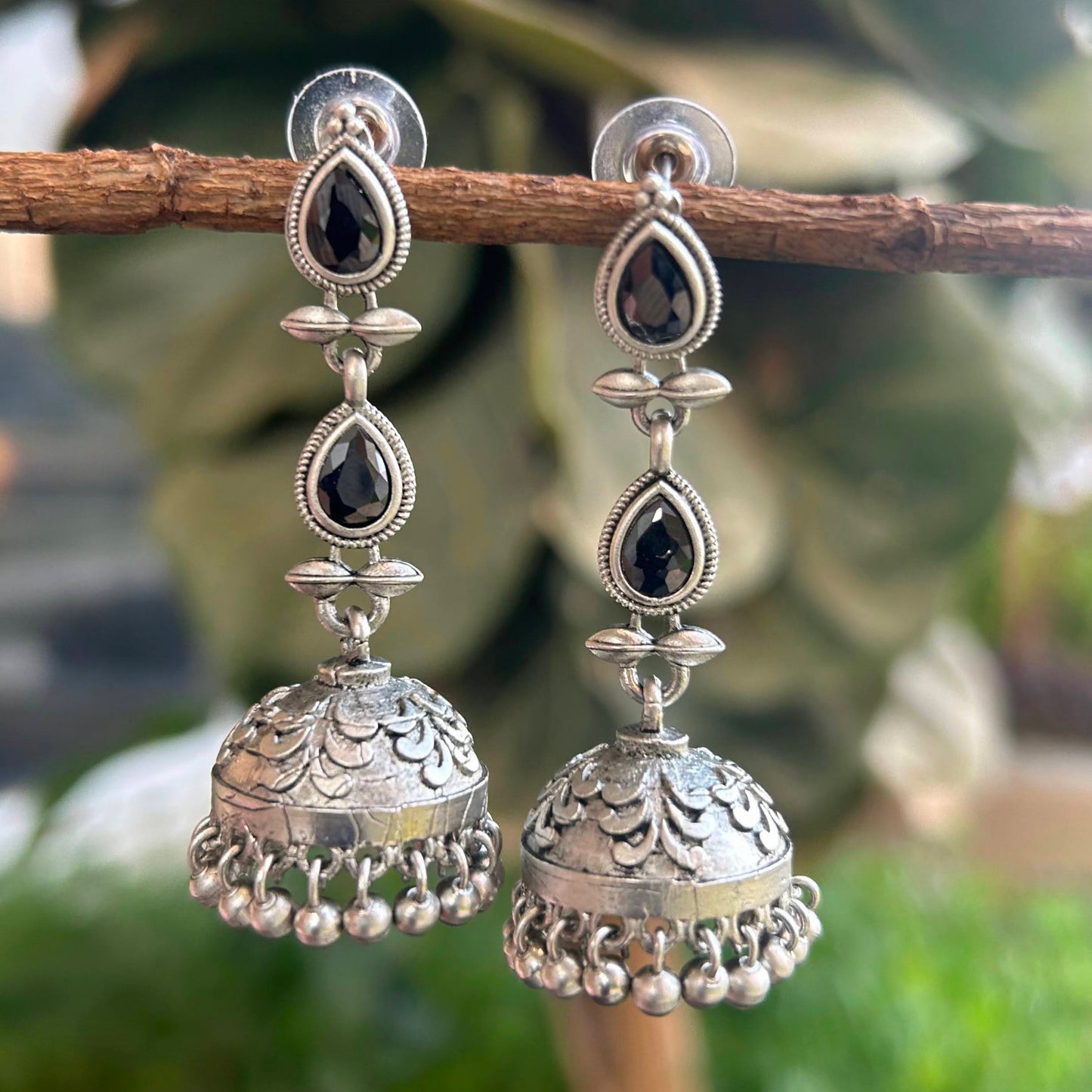 Handcrafted Oxidized Black Stones & Ghungroo Jhumka