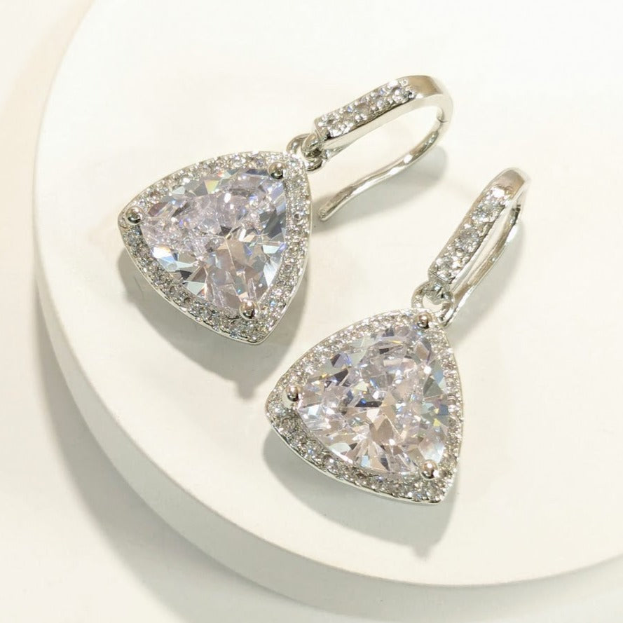 DIVA SERIES - Rhodium Plated Zirconia 5A Silver Triangular Drops Earring