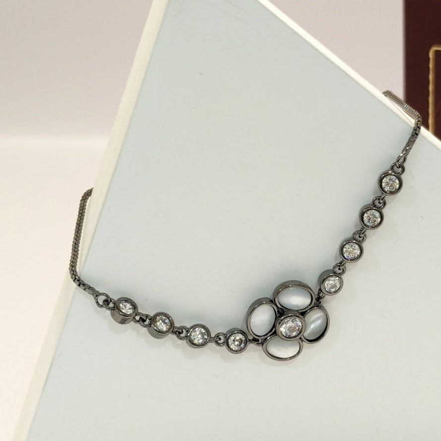 Mother of Pearl Flower with 5A Zirconia Oxidized Brass Chain Bracelet