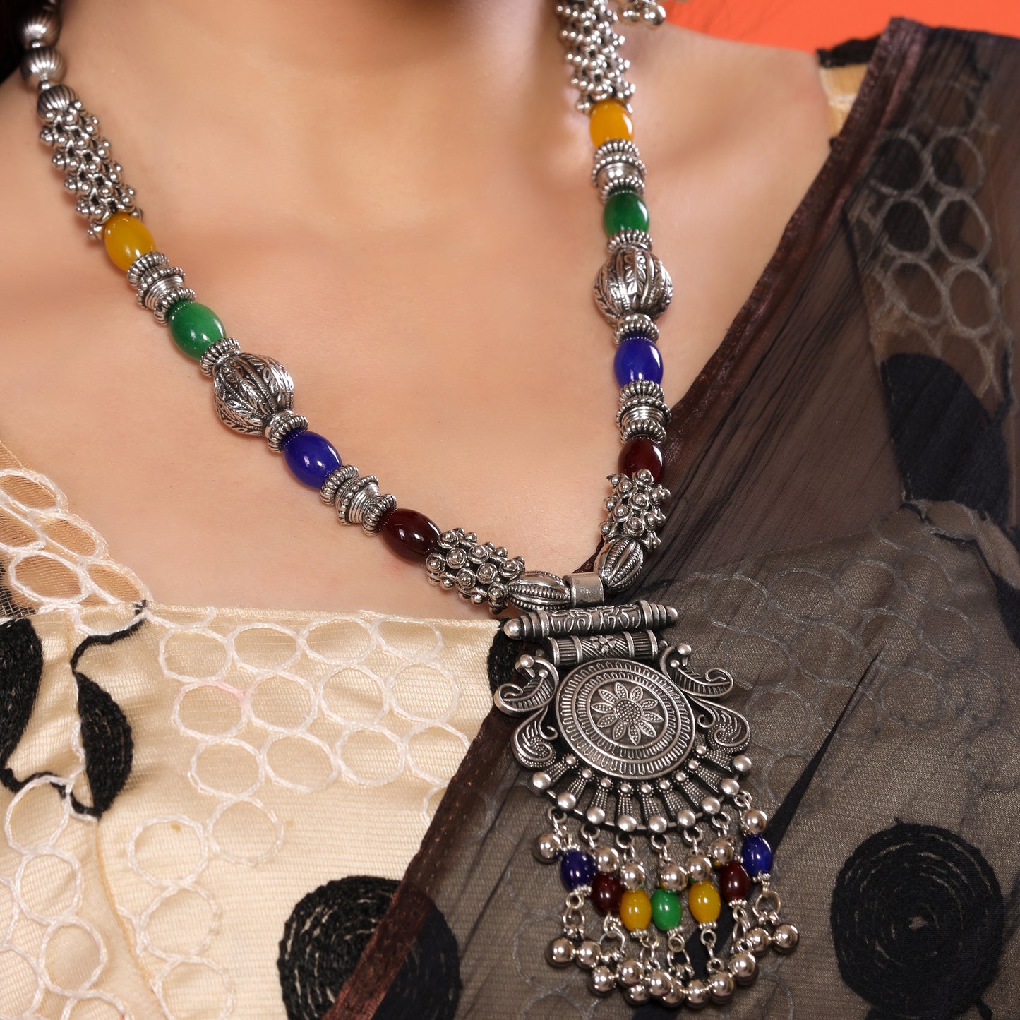 Multicolor Crystal Beaded Chandbala Oxidized Necklace with Earrings