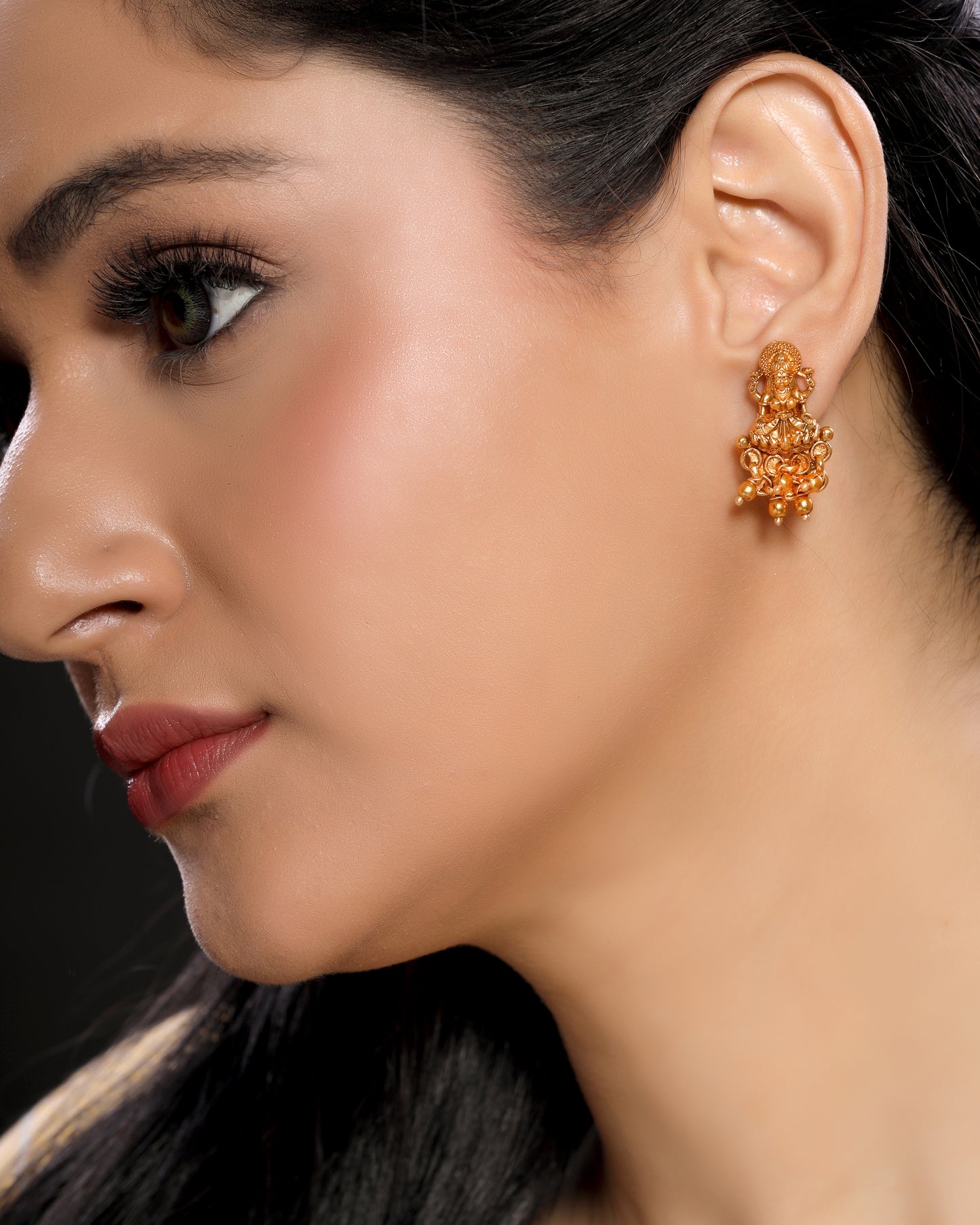 Charming Laxmi Temple Stud Earrings in 22KT Matte Gold