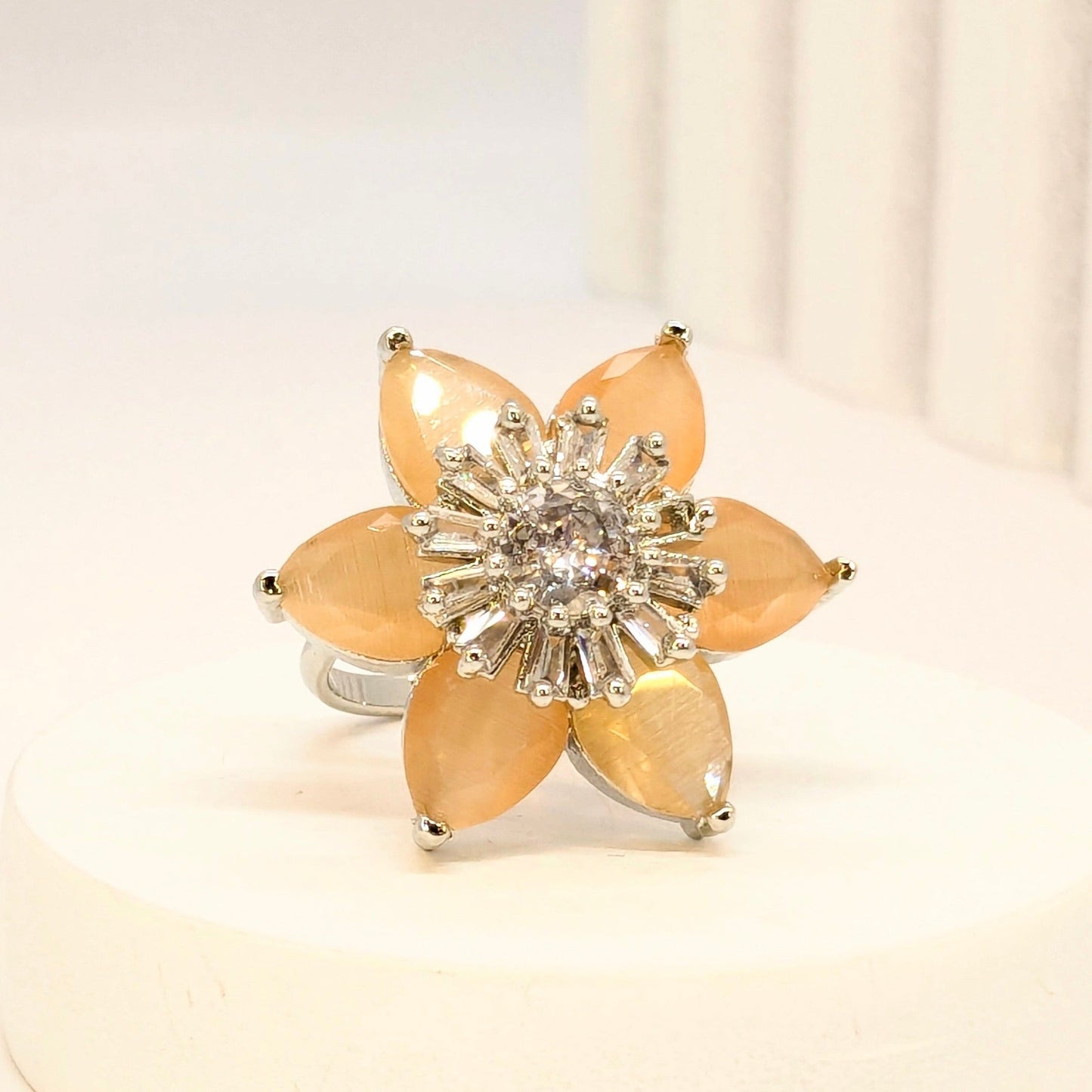 DIVA SERIES - Rhodium Plated Peach Flower with ADs Adjustable Finger Ring