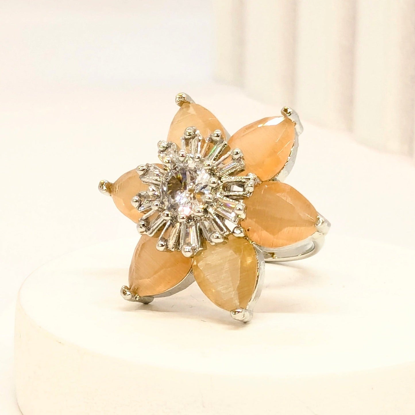 DIVA SERIES - Rhodium Plated Peach Flower with ADs Adjustable Finger Ring