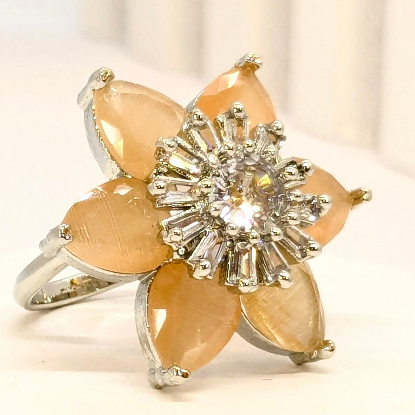 DIVA SERIES - Rhodium Plated Peach Flower with ADs Adjustable Finger Ring