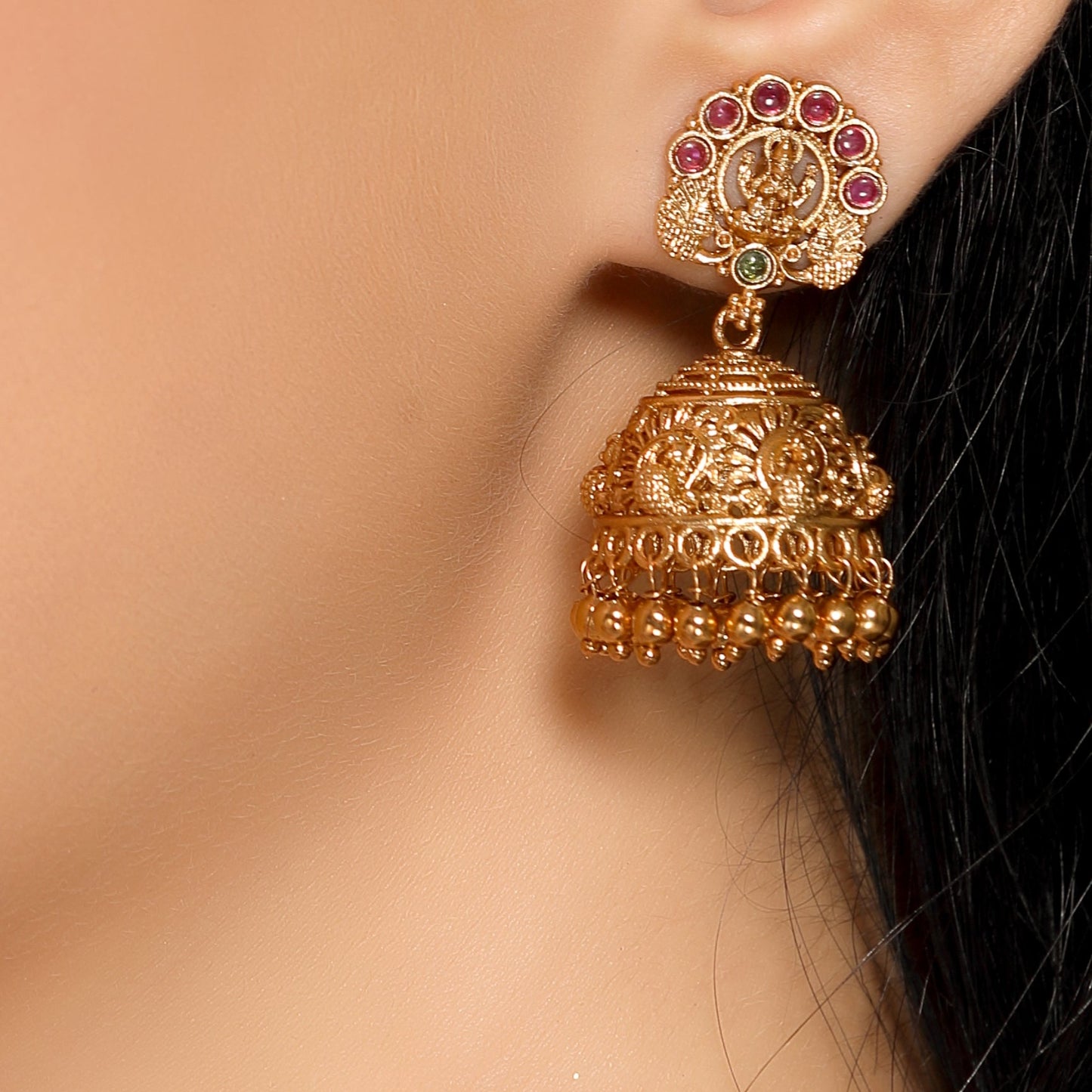 Timeless Laxmi Temple Jhumkas in Matte Gold with Ruby Inlay