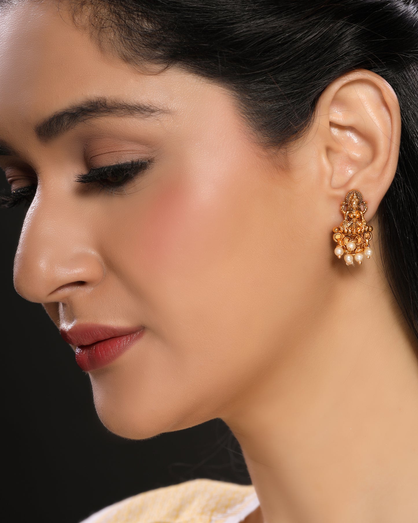 Laxmi Temple Studs with Ivory Pearls in 22K Matte Gold Finish