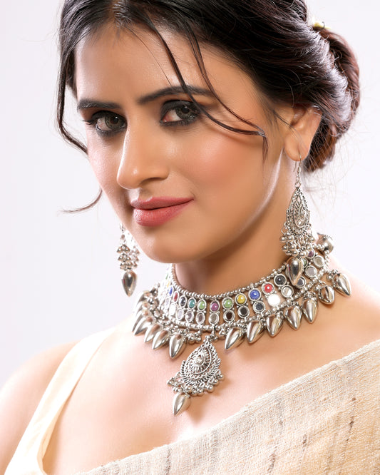 Multicolored Spiked Silver Oxidized Choker Set