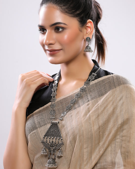 Floral Long Oxidized Necklace Set with Jhumka Earrings