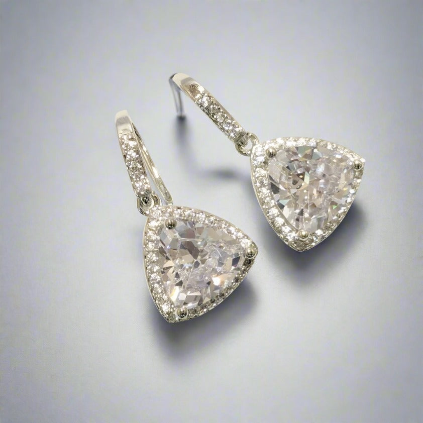 DIVA SERIES - Rhodium Plated Zirconia 5A Silver Triangular Drops Earring