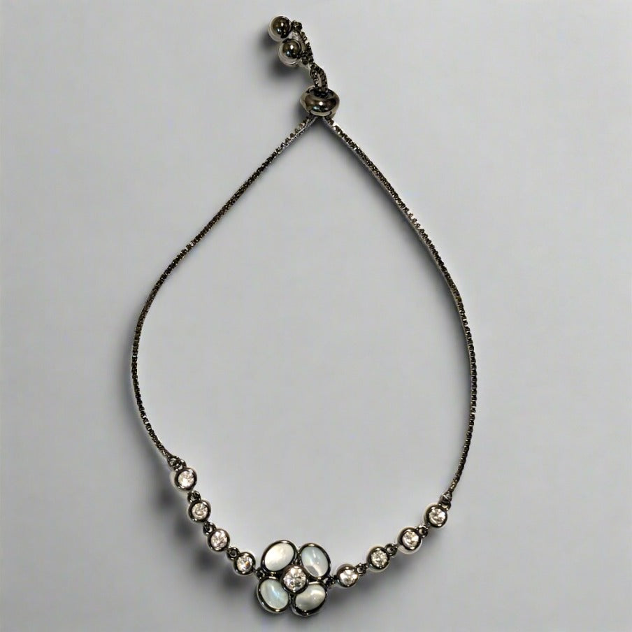 Mother of Pearl Flower with 5A Zirconia Oxidized Brass Chain Bracelet