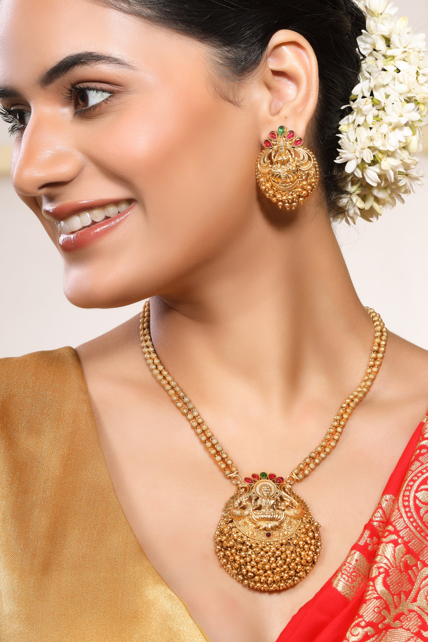 Heavy Laxmi Pendant Temple Necklace Set with Stud Earrings