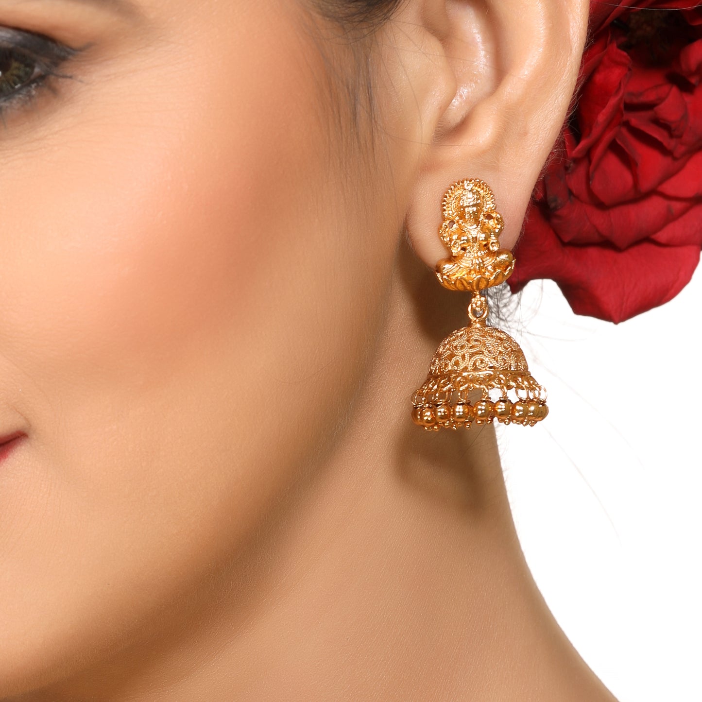 Exquisite Laxmi Temple Brass Jhumka in 22KT Gold Plating (Matte Finish)