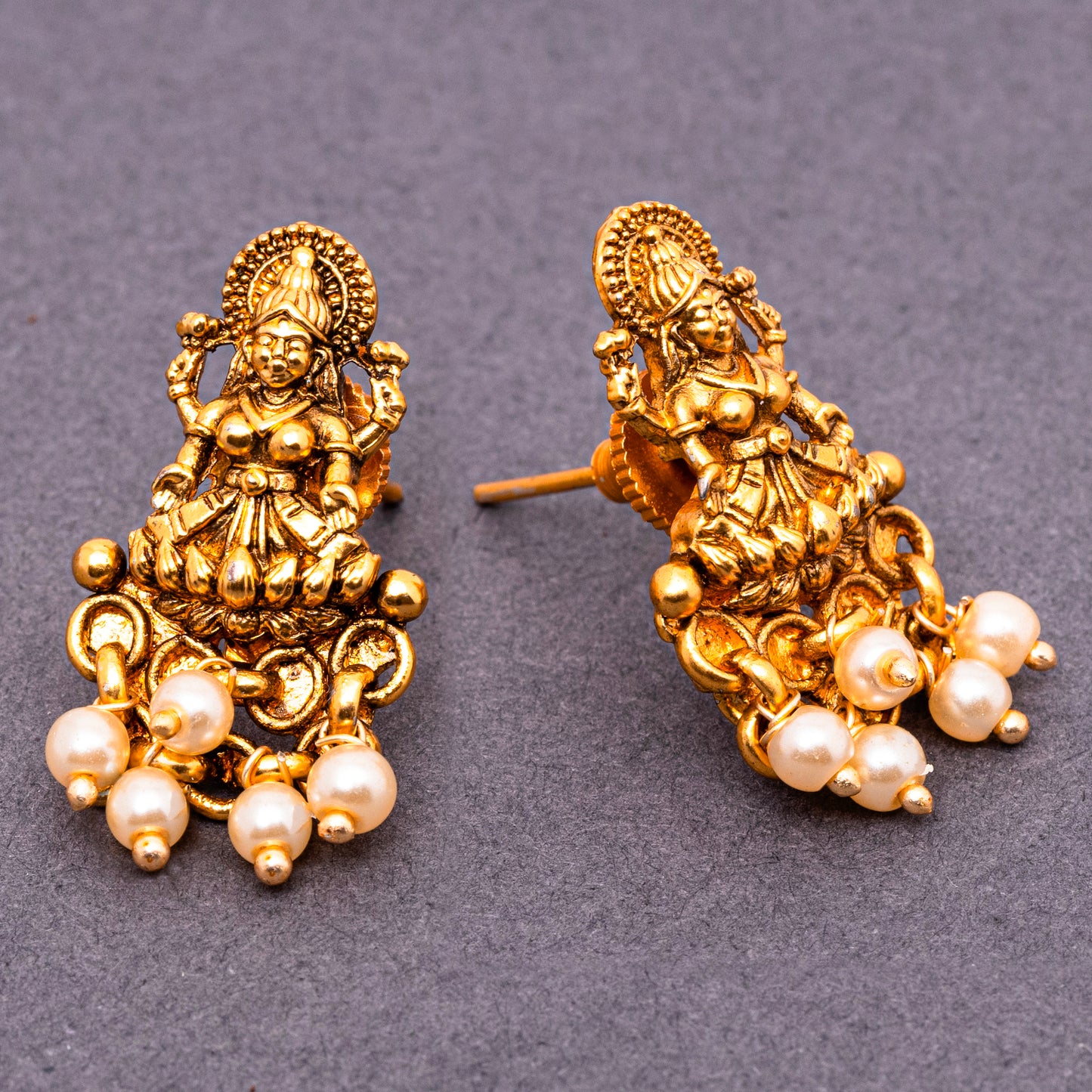Laxmi Temple Studs with Ivory Pearls in 22K Matte Gold Finish