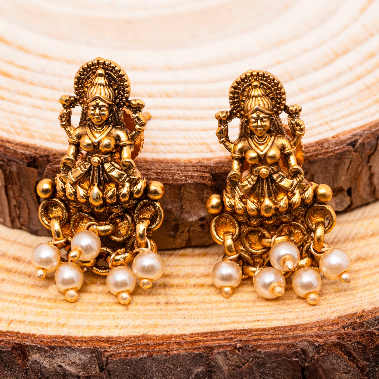 Laxmi Temple Studs with Ivory Pearls in 22K Matte Gold Finish