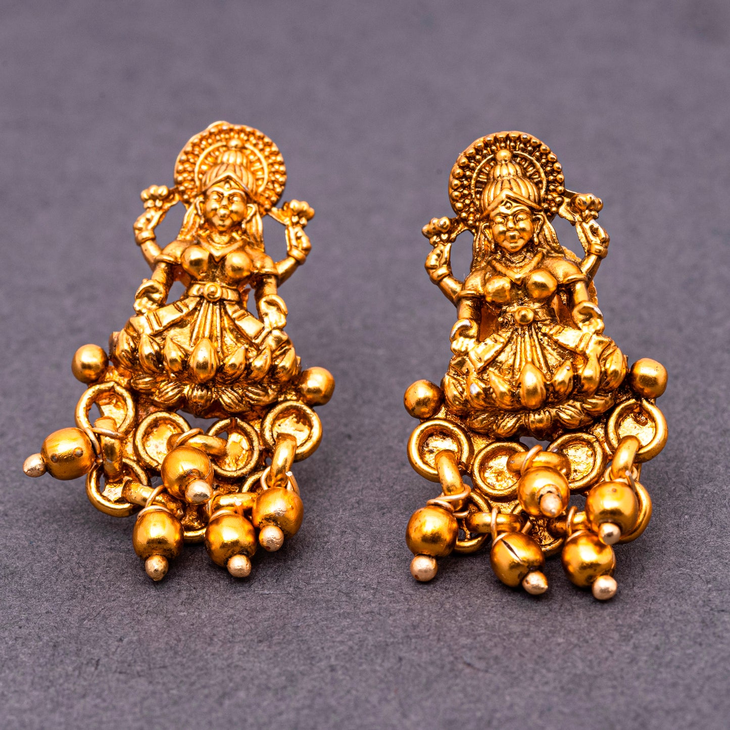 Charming Laxmi Temple Stud Earrings in 22KT Matte Gold