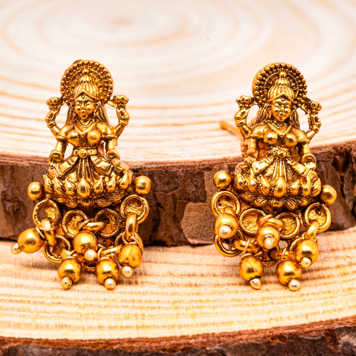 Charming Laxmi Temple Stud Earrings in 22KT Matte Gold