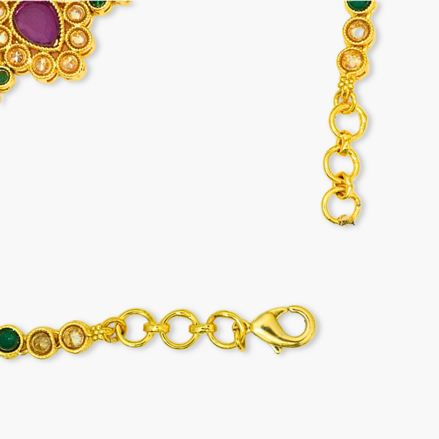 High Toned Multicolour Crystal Studded Broochy Linear Chain Traditional Bracelet in Gold Plated