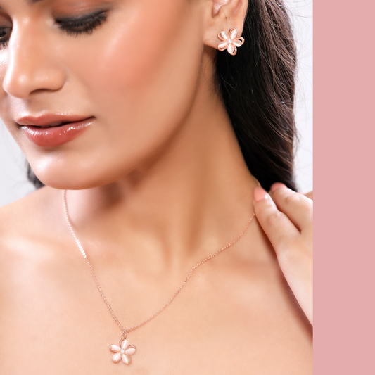 Mother of Pearl and Zirconia Floral RoseGold SS Necklace set with Stud Earrings