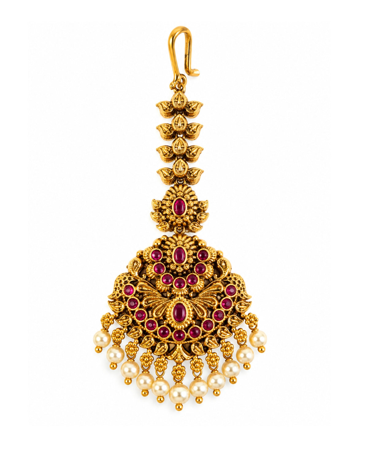 Red Stone Studded & Off-White Beaded Maang Tikka