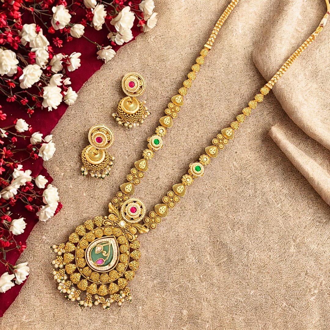 Premium Gold Plated Long Necklace Set with Jhumka Earrings