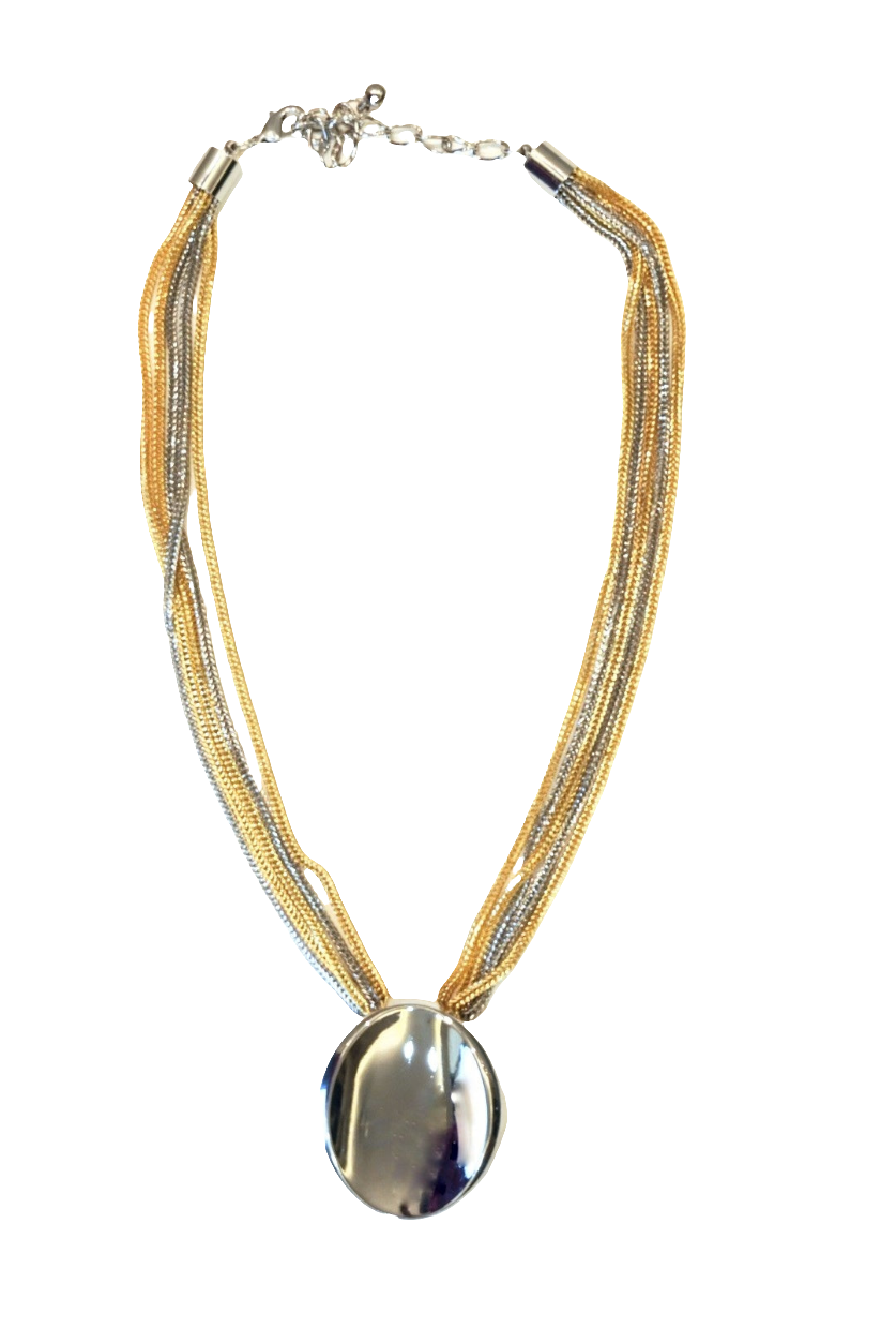 Dual Tone Rhodium and Gold Plated Bold Oval Pendant Western Necklace