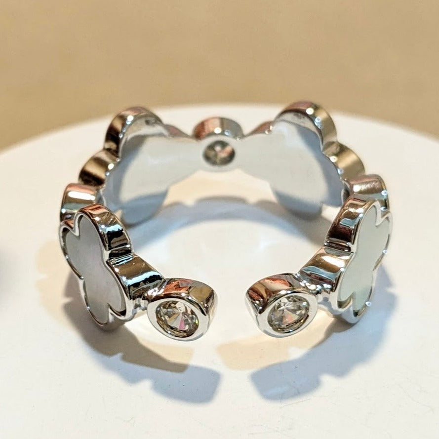 PRIMA DONNA SERIES - Flower Shaped Mother of Pearl with 5A Zirconia Rhodium Plated Adjustable Finger Ring