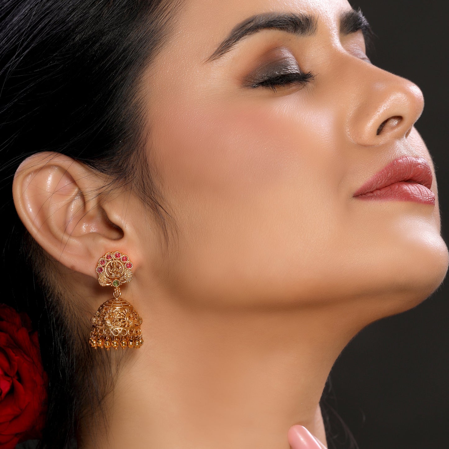 Timeless Laxmi Temple Jhumkas in Matte Gold with Ruby Inlay