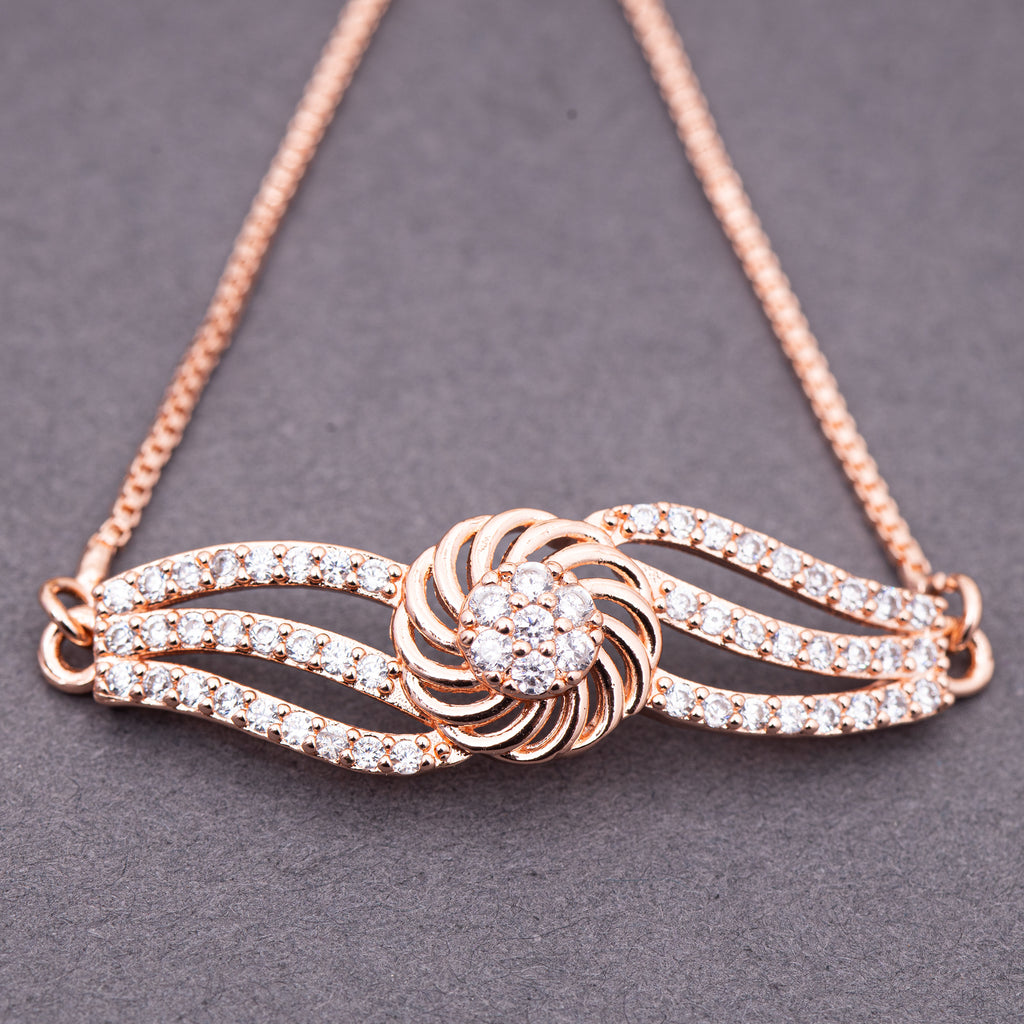 5A Zirconica Studded Rose Gold Plated Stainless Steel Floral Leady Pattern Chain Bracelet
