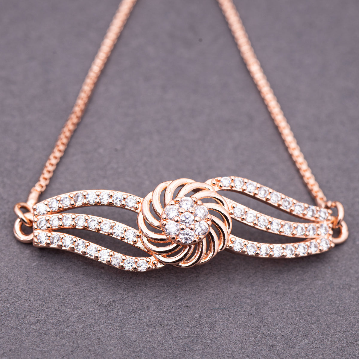 5A Zirconica Studded Rose Gold Plated Stainless Steel Floral Leady Pattern Chain Bracelet