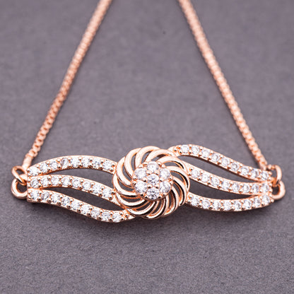 5A Zirconica Studded Rose Gold Plated Stainless Steel Floral Leady Pattern Chain Bracelet