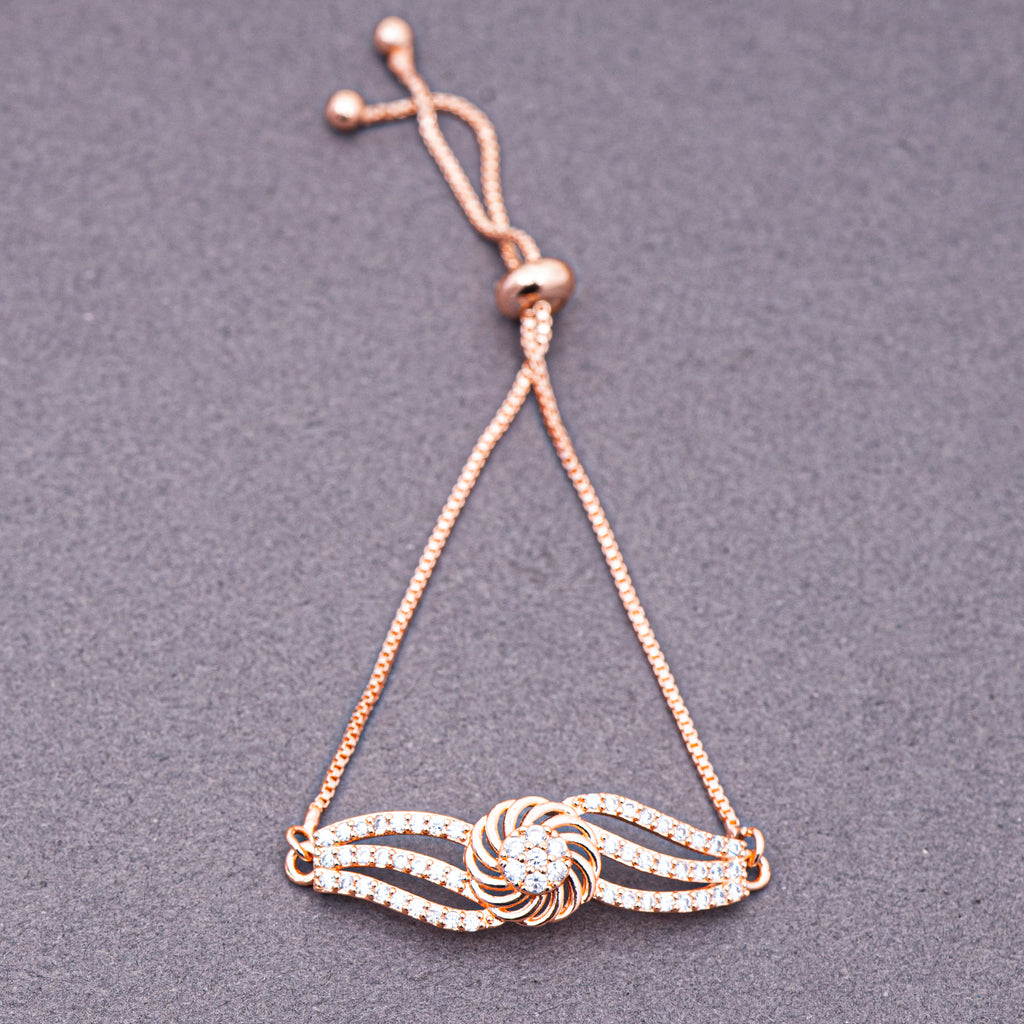 5A Zirconica Studded Rose Gold Plated Stainless Steel Floral Leady Pattern Chain Bracelet