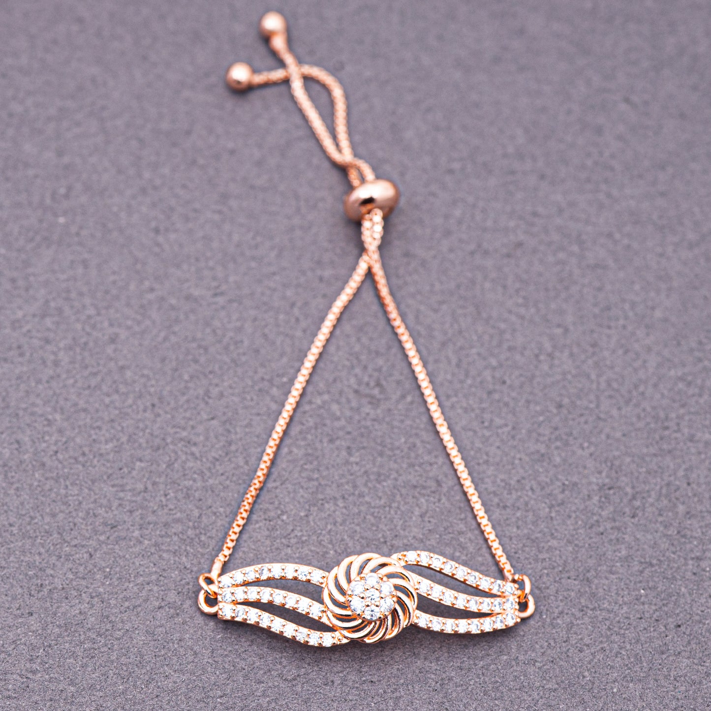 5A Zirconica Studded Rose Gold Plated Stainless Steel Floral Leady Pattern Chain Bracelet