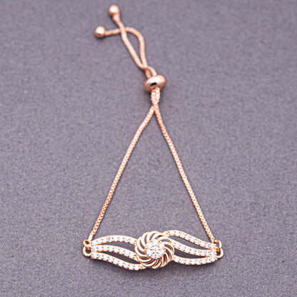 5A Zirconica Studded Rose Gold Plated Stainless Steel Floral Leady Pattern Chain Bracelet