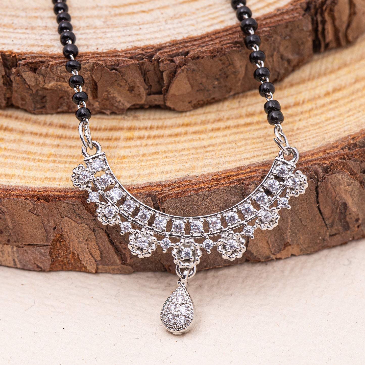 American Diamond Studded Drop Linear Pendant Single Chain Rhodium Plated Mangalsutra