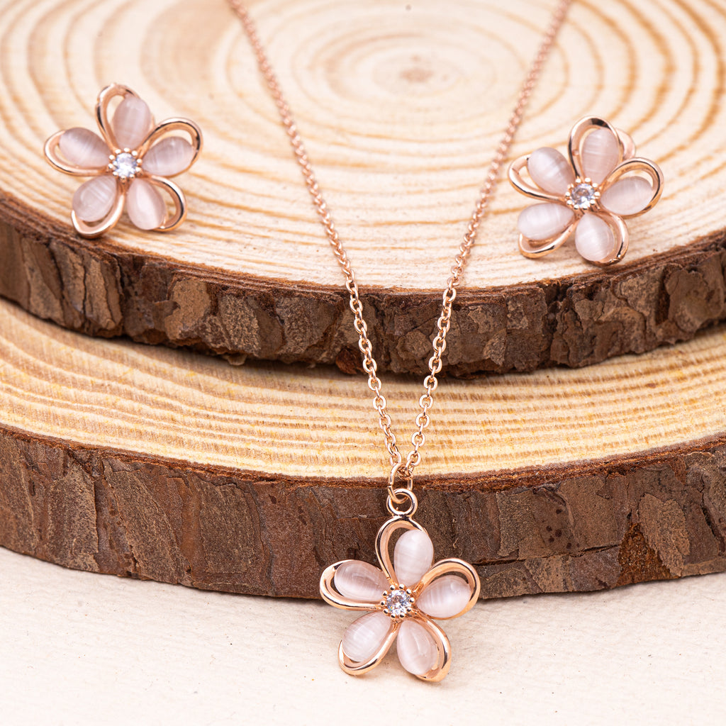 Mother of Pearl and Zirconia Floral RoseGold SS Necklace set with Stud Earrings