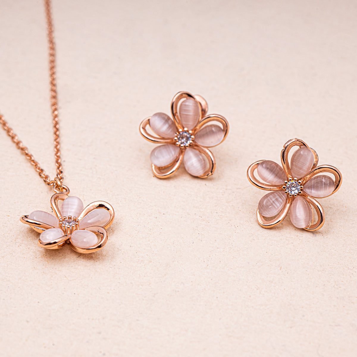 Mother of Pearl and Zirconia Floral RoseGold SS Necklace set with Stud Earrings