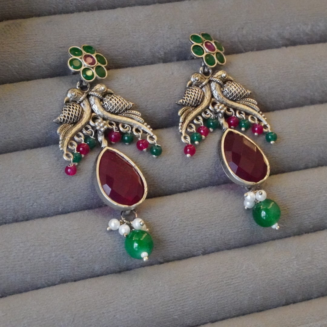 Enchanting Floral Bird Motif Oxidized Dangler Earrings with Lovely Pink & Green Jaipuri Stones & Pearls