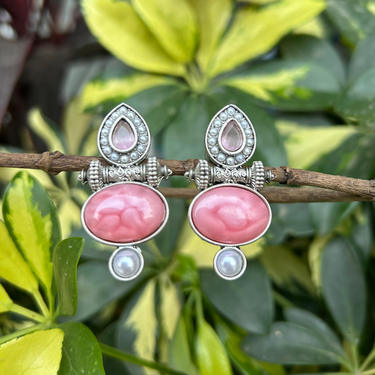 Pink Jaipur Stone Oxidized Earrings with Pearls