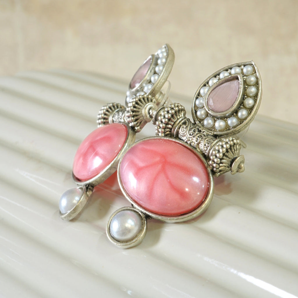Pink Jaipur Stone Oxidized Earrings with Pearls