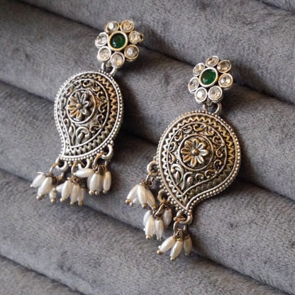 Beautiful Oxidized Leaf Shaped Danglers studded with Jaipuri Stone, Pearl, & American Diamond