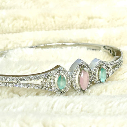 Rhodium Plated Sea Green and Baby Pink Studded Zirconia Bracelet