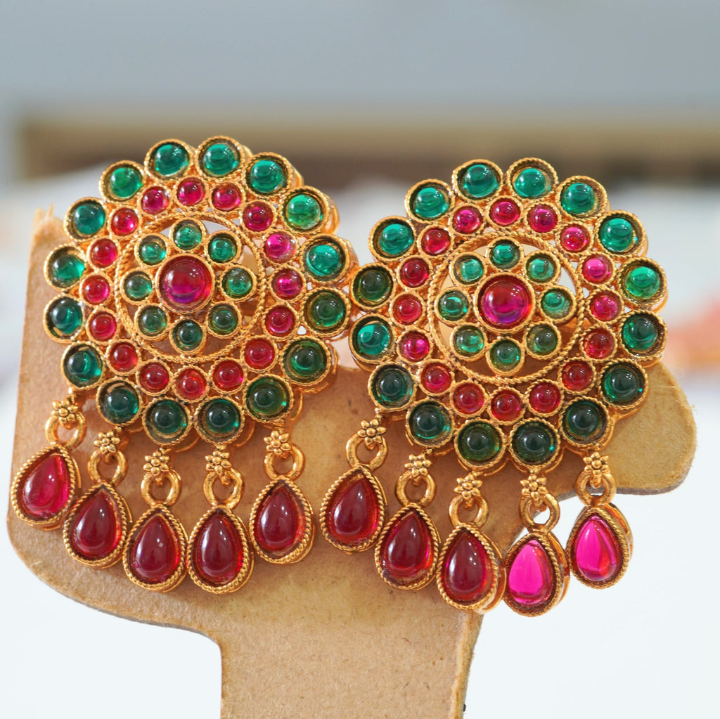 Ruby n Emerald Studded Matte Gold Finish Traditional Pendant Set
