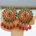 Ruby n Emerald Studded Matte Gold Finish Traditional Pendant Set